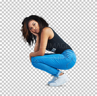 Buy stock photo Fashion, portrait and a young woman with serious face isolated on a transparent png background. Casual clothes, style and attitude of a female model person with denim jeans, sneakers or trendy