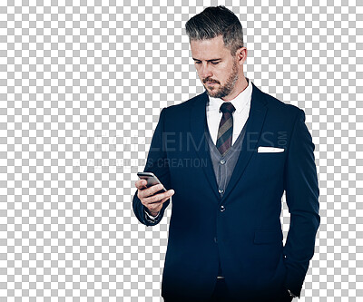 Buy stock photo Businessman, texting and smartphone for communication, message or email for online consultation. Manager, technology and connectivity by cellular network on isolated or transparent png background