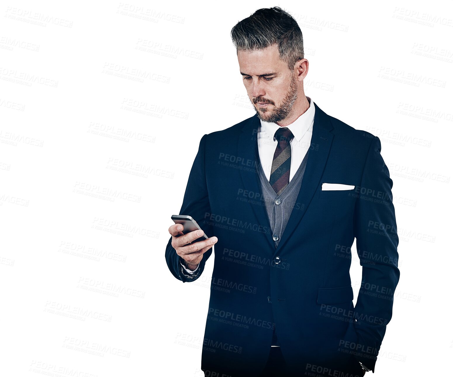 Buy stock photo Businessman, texting and smartphone for communication, message or email for online consultation. Manager, technology and connectivity by cellular network on isolated or transparent png background