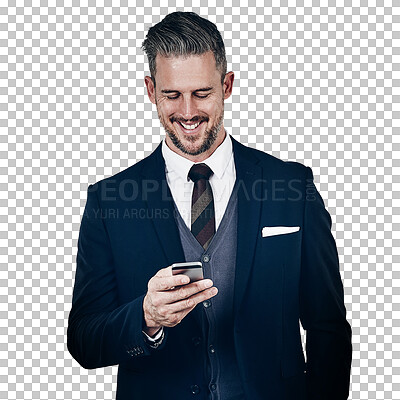 Buy stock photo Smile, phone and contact with a business man in a formal suit isolated on transparent background. Mobile, tech and a happy mature professional employee on typing a text message PNG for communication