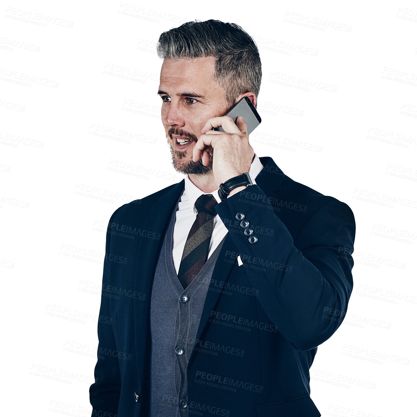 Buy stock photo Business man, phone call and consulting communication on isolated, transparent or png background. Smartphone, hello and male consultant with contact chat, speaking and mobile networking or feedback