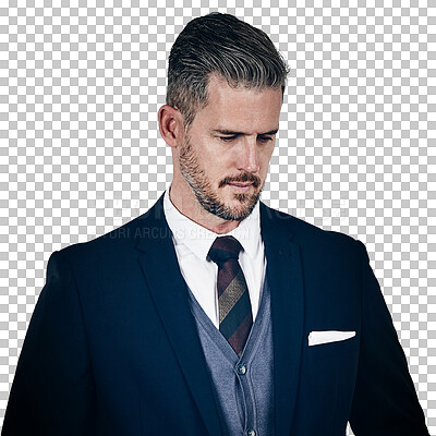 Buy stock photo Businessman, serious and sad for business problems, decision and face down isolated on transparent png background. Thinking of idea, stress and employee in suit, financial issues for company audit