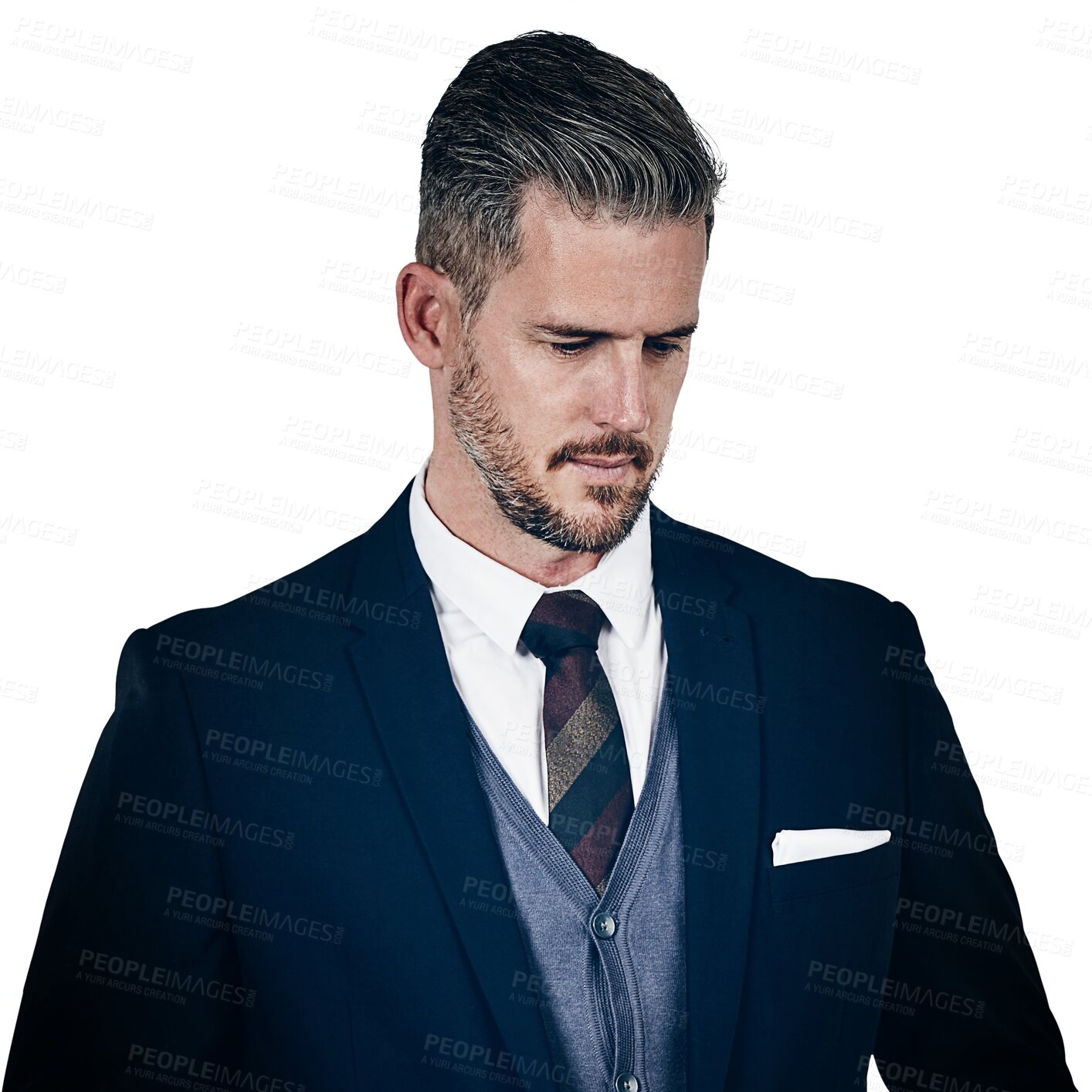 Buy stock photo Businessman, serious and sad for business problems, decision and face down isolated on transparent png background. Thinking of idea, stress and employee in suit, financial issues for company audit