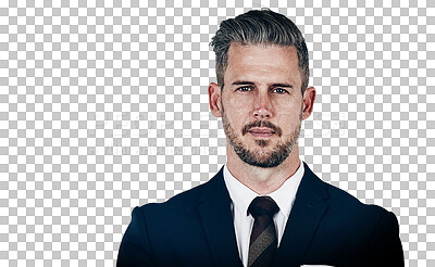 Buy stock photo Businessman, portrait and confident professional for serious company manager, formal suit or isolated transparent png background. Male person, face and corporate consultant career, proud staff or job