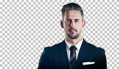 Buy stock photo Businessman, portrait and confident professional employee, company manager in formal suit or isolated transparent png background. Male person, face and corporate consultant career, proud staff or job