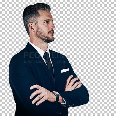 Buy stock photo Thinking, vision and business man with arms crossed, planning strategy and problem solving isolated on a transparent png background. Serious, confident professional lawyer and decision, dream or idea