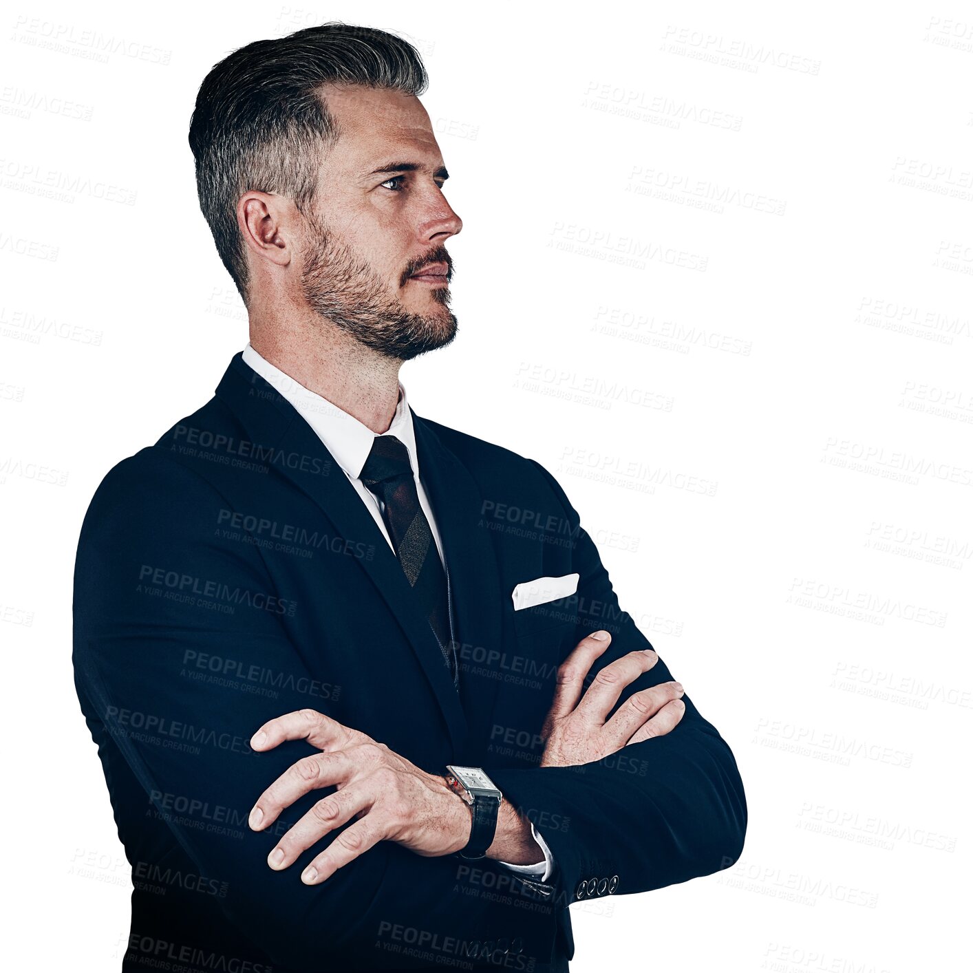 Buy stock photo Thinking, vision and business man with arms crossed, planning strategy and problem solving isolated on a transparent png background. Serious, confident professional lawyer and decision, dream or idea