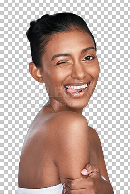 Buy stock photo Happy woman, portrait and wink in beauty skincare, facial or cosmetics isolated on a transparent PNG background. Face of Indian female person or model smile with tongue out for fun spa treatment