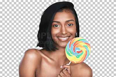 Buy stock photo Happy woman, portrait and rainbow lollipop for sweet candy isolated on a transparent PNG background. Face of Indian female person or model smile with colorful sugar swirl, luxury treat or pop stick