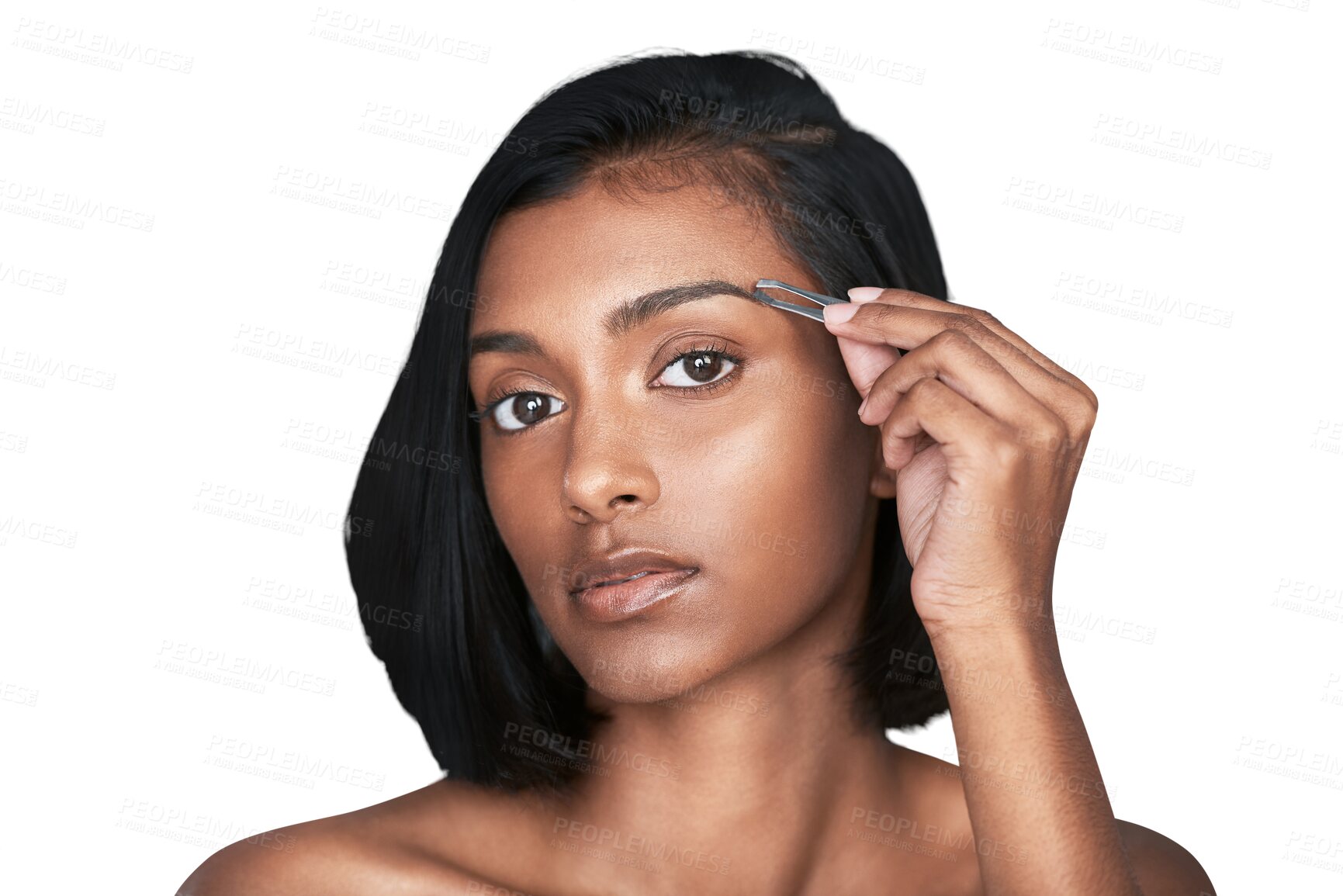 Buy stock photo Portrait, beauty and woman with eyebrow tweezer, hair removal tool and grooming isolated on a transparent png background. Face, serious Indian woman plucking and cleaning natural skincare cosmetics