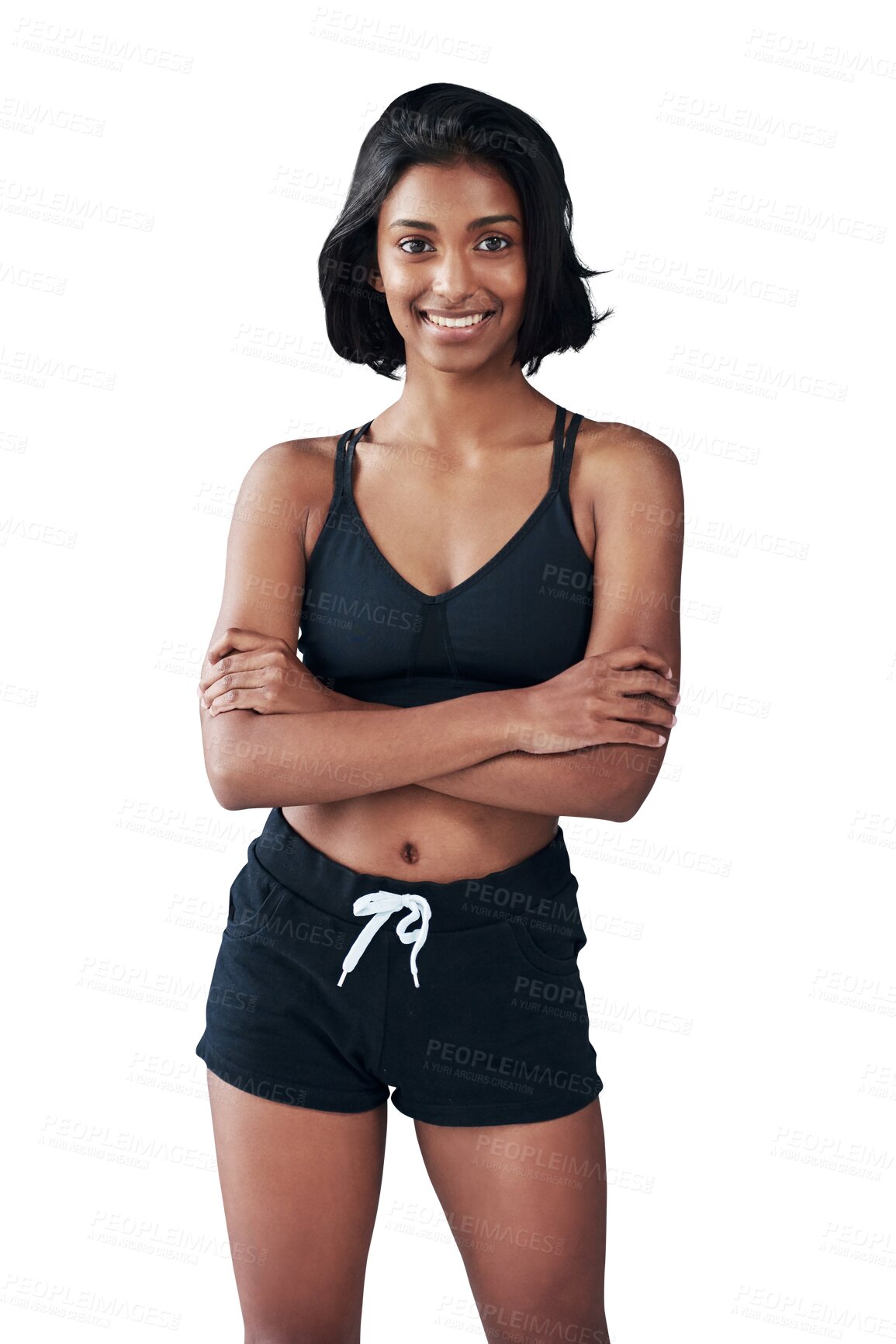 Buy stock photo Woman, portrait and arms crossed in sportswear, happy for for exercise while isolated on transparent png background. Fitness, positive and athlete ready for workout, smile and confident female person