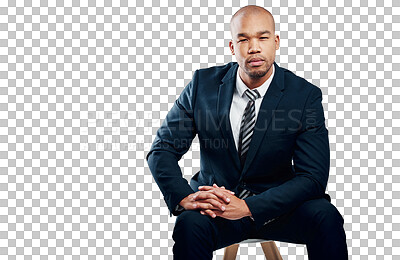 Buy stock photo Businessman, portrait and confidence on chair for company vision, professional consultant or formal fashion suit. Male person, face and isolated transparent png background, work employee or pride