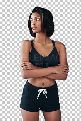 Buy stock photo Woman, serious and arms crossed in sportswear, confident for exercise while isolated on transparent png background. Fitness, thinking and athlete ready for workout, idea and  athletic female person