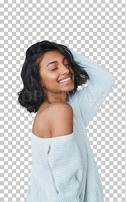 Buy stock photo Fashion, skincare and woman with eyes closed on isolated transparent png background. Trendy top, smile and Indian female model with makeup, dermatology and beauty facial treatment for healthy skin
