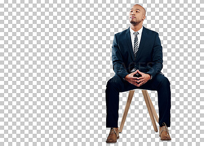 Buy stock photo Business, man and thinking on chair of solution, problem solving and brainstorming isolated on transparent png background. Corporate worker, ideas or planning future for insight, choice and questions