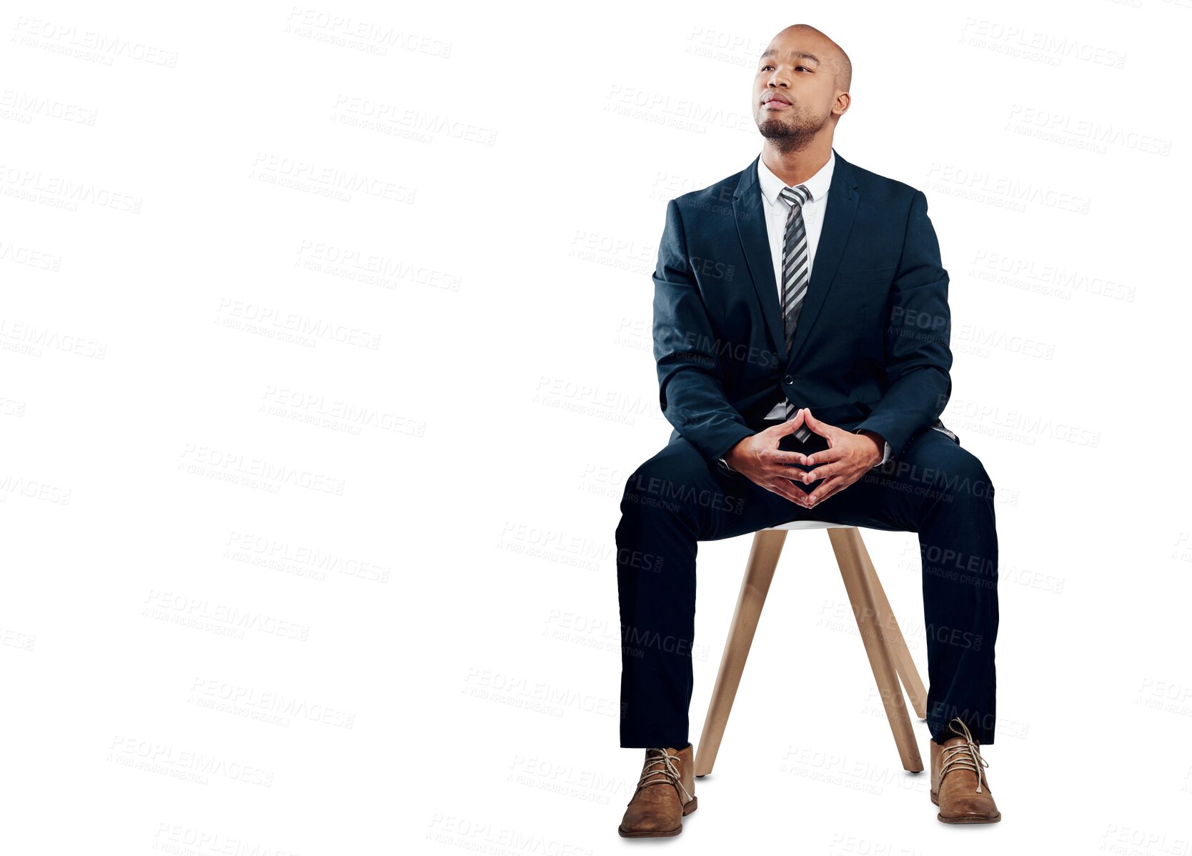 Buy stock photo Business, man and thinking on chair of solution, problem solving and brainstorming isolated on transparent png background. Corporate worker, ideas or planning future for insight, choice and questions