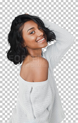 Buy stock photo Woman, skincare and fashion with face portrait on isolated transparent png background. Shoulder top, happy and Indian female model with makeup, dermatology and beauty treatment for skin health
