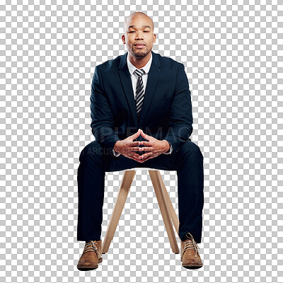 Buy stock photo Portrait, chair and business man, serious leader or HR manager interview for work experience, corporate career and job. Human Resources, recruitment and boss isolated on transparent, png background 