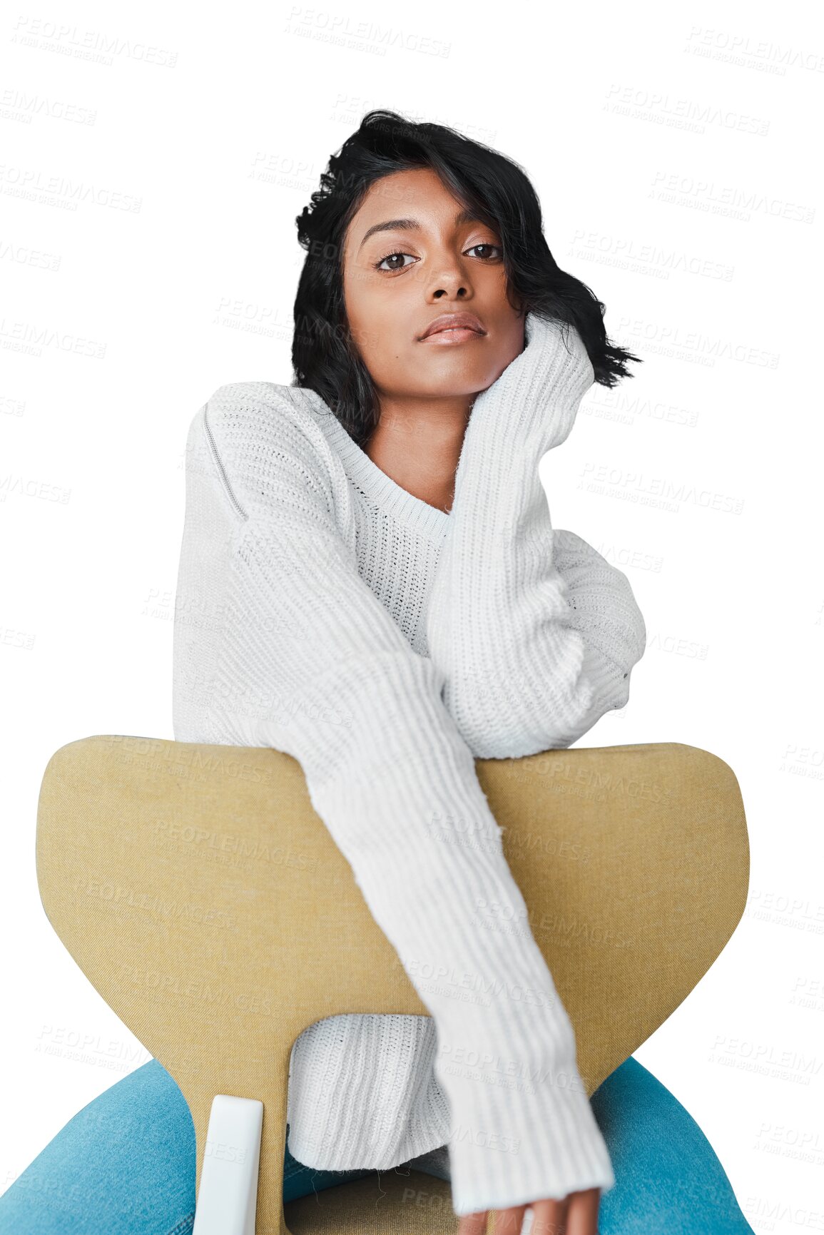 Buy stock photo Woman, fashion and portrait in chair, female model and confident on isolated transparent png background. Casual, beauty and young person with trendy outfit, stylish and contemporary clothes
