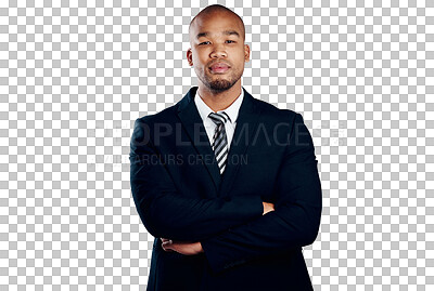 Buy stock photo Portrait, business man and professional with arms crossed isolated on a transparent png background. Face, pride and serious entrepreneur, confident worker and employee or consultant in suit in Brazil