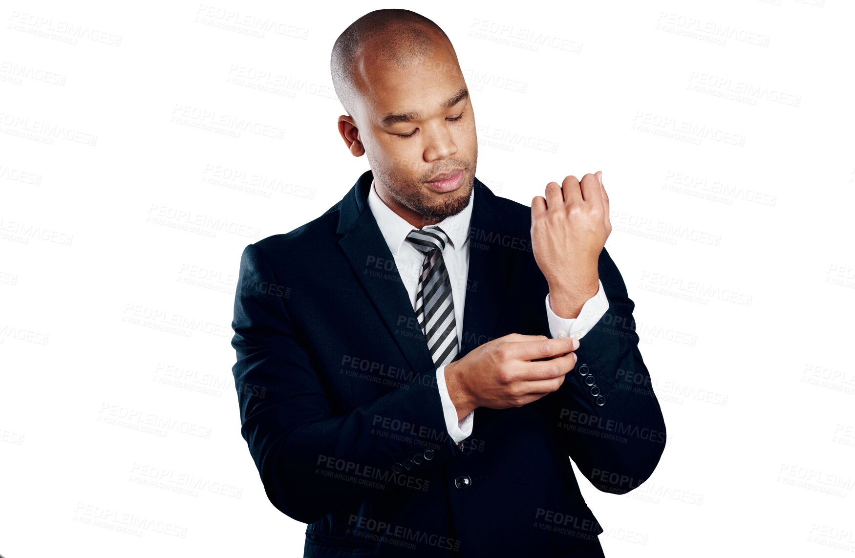 Buy stock photo Fashion, suit and business man with sleeve check on isolated, transparent or png background. Corporate, style and African entrepreneur getting ready with professional, formal or outfit cuff choice