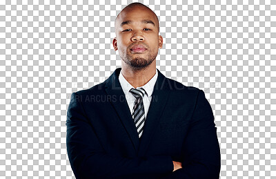 Buy stock photo Portrait, business man and entrepreneur with arms crossed isolated on a transparent png background. Face, pride and serious professional, confident worker or employee, consultant and suit in Brazil