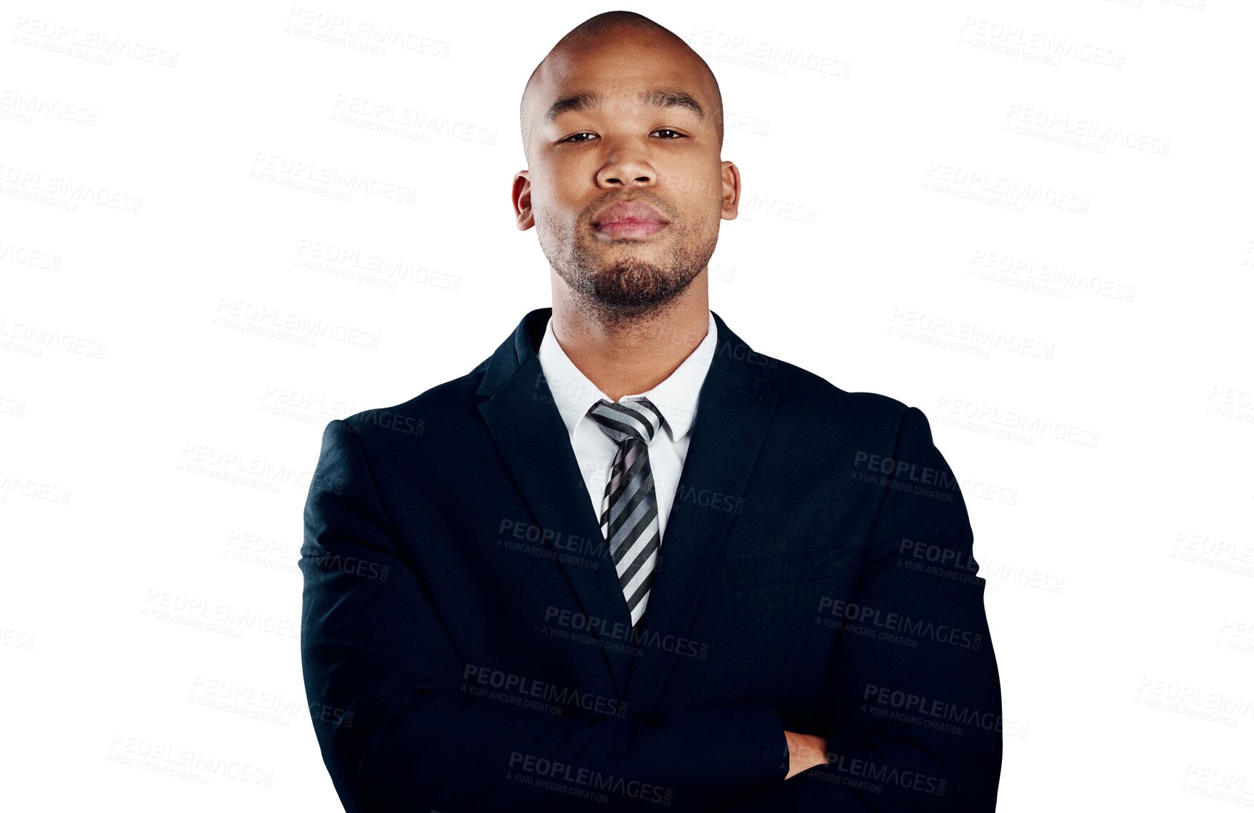 Buy stock photo Portrait, business man and entrepreneur with arms crossed isolated on a transparent png background. Face, pride and serious professional, confident worker or employee, consultant and suit in Brazil
