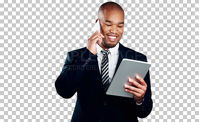 Buy stock photo Corporate, happy man and phone call with tablet for reading, information and feedback report. African person, consultant and technology for communication on isolated or transparent png background