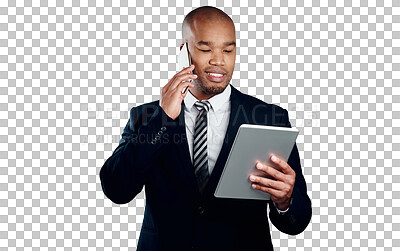 Buy stock photo Businessman with phone call, tablet and chat isolated on transparent png background with legal advice. Networking, digital app and black man lawyer with online business, smartphone and discussion.