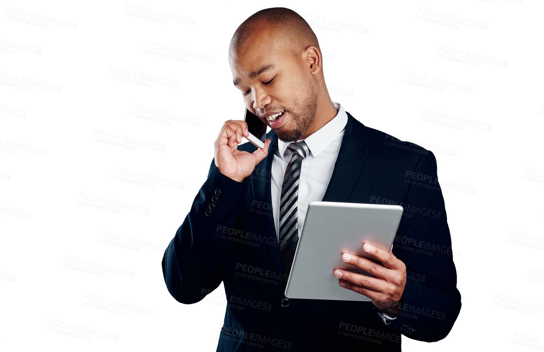 Buy stock photo Businessman with phone call, tablet and discussion isolated on transparent png background with legal advice. Networking, digital app and black man lawyer with online business, smartphone and chat.
