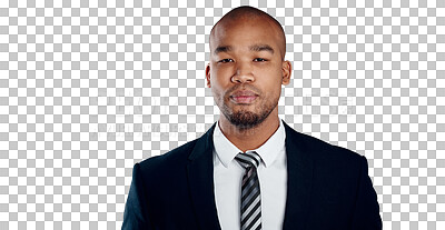 Buy stock photo Portrait of businessman with career, pride and isolated on transparent png background for job at law firm. Face, confidence and black man, lawyer or attorney with business, opportunity or support.
