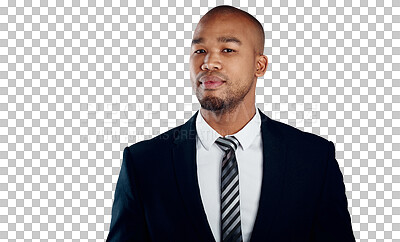 Buy stock photo Portrait, business and black man with a suit, employee and consultant isolated on transparent background. Face, African person or entrepreneur with startup, corporate or professional fashion with png