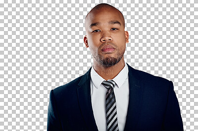 Buy stock photo Portrait of serious businessman with confidence, pride and isolated on transparent png background at law firm. Work, job and face of black man, lawyer or attorney with business, opportunity or career