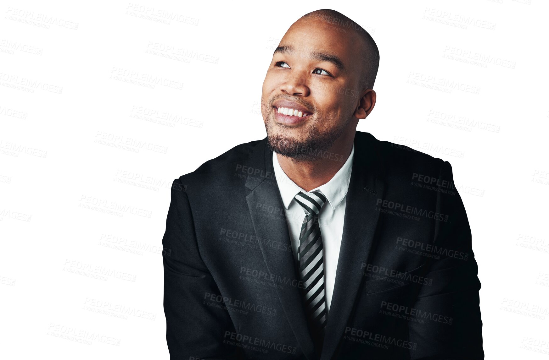 Buy stock photo Portrait of businessman with suit, thinking and isolated on transparent png background for job at law firm. Relax, confidence and black man, lawyer or attorney with pride, business ideas or career.