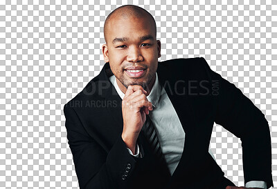 Buy stock photo Portrait of businessman with suit, confidence and isolated on transparent png background for job at law firm. Relax, smile and black man, lawyer or attorney with pride, business opportunity or career