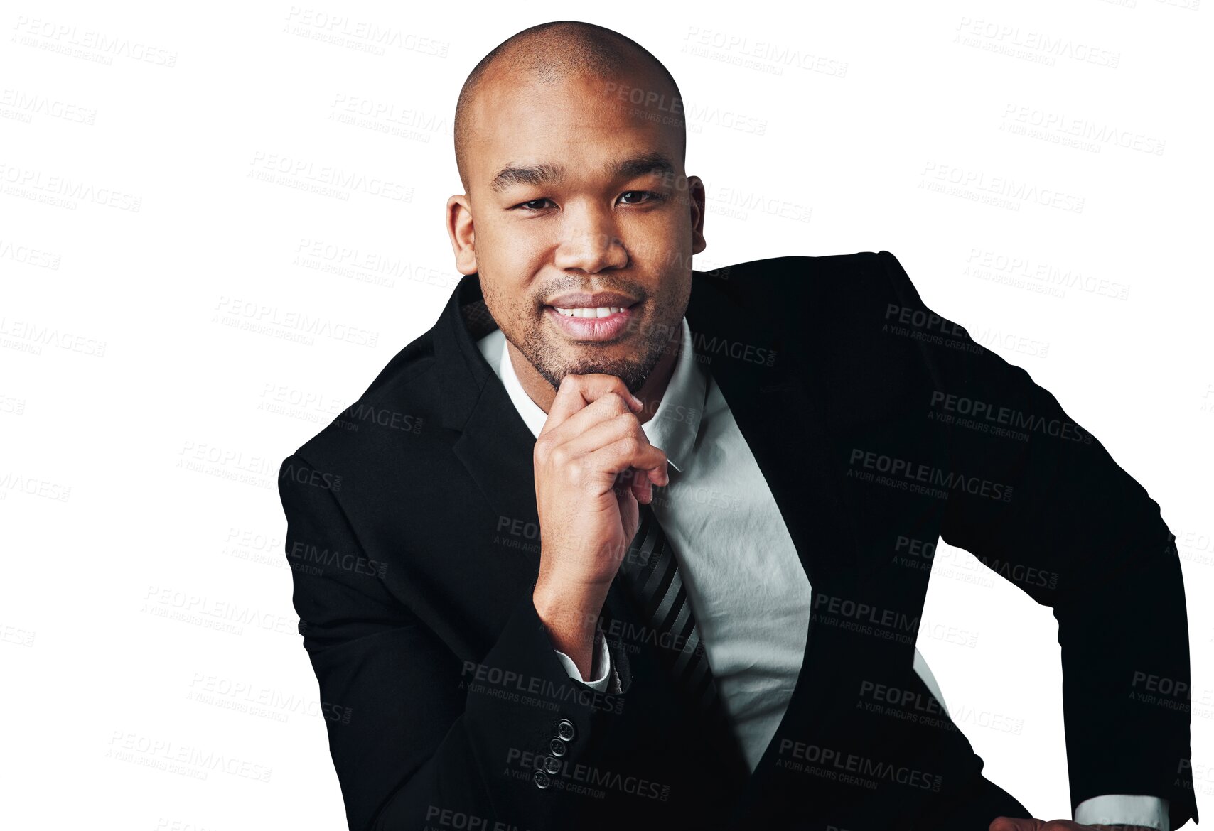 Buy stock photo Portrait of businessman with suit, confidence and isolated on transparent png background for job at law firm. Relax, smile and black man, lawyer or attorney with pride, business opportunity or career