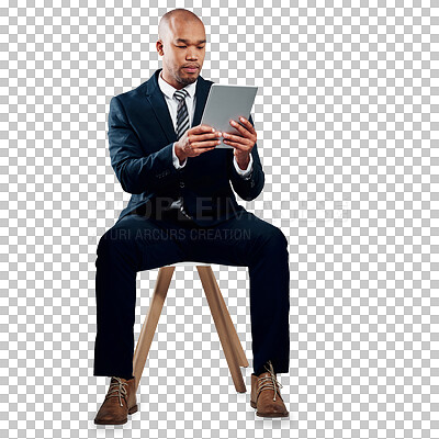 Buy stock photo Tablet, research and business man on chair, typing on internet or networking on app. Digital tech, serious professional or consultant reading email on website isolated on a transparent png background
