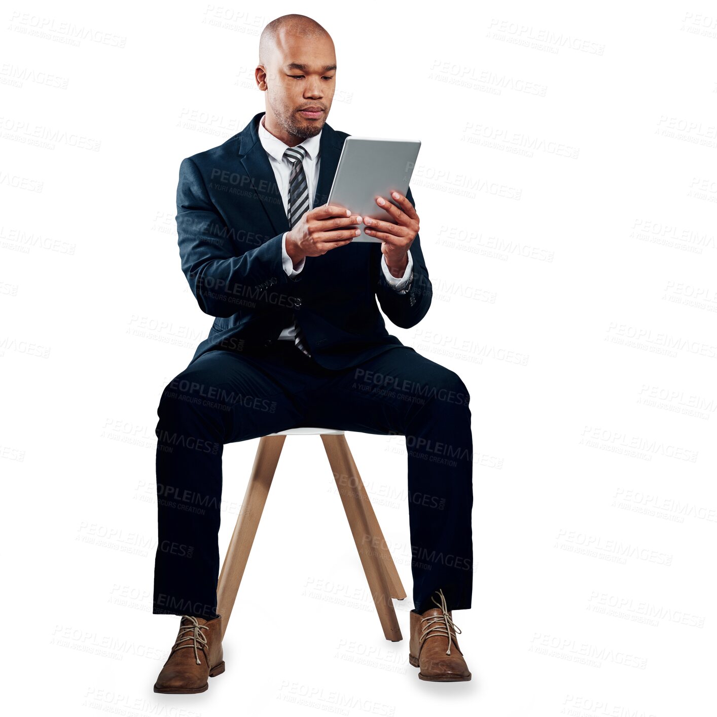 Buy stock photo Tablet, research and business man on chair, typing on internet or networking on app. Digital tech, serious professional or consultant reading email on website isolated on a transparent png background