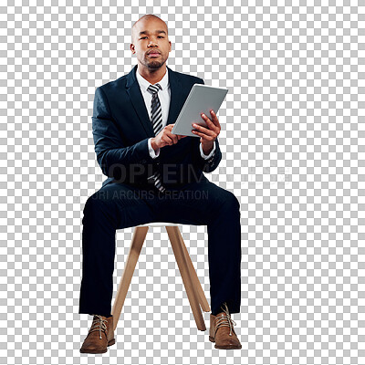 Buy stock photo Black man, tablet and portrait for networking, communication and isolated on transparent png background. Internet, check budget and smile for business statistics, consulting and corporate accountant
