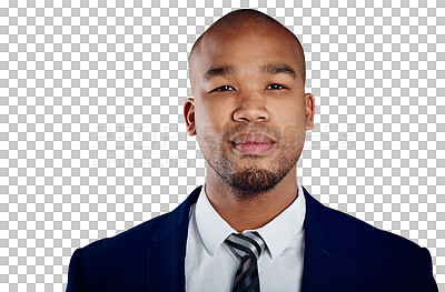 Buy stock photo Portrait of businessman with confidence, pride and isolated on transparent png background at law firm. Work, job and face of black man, lawyer or attorney with happy, business opportunity or career
