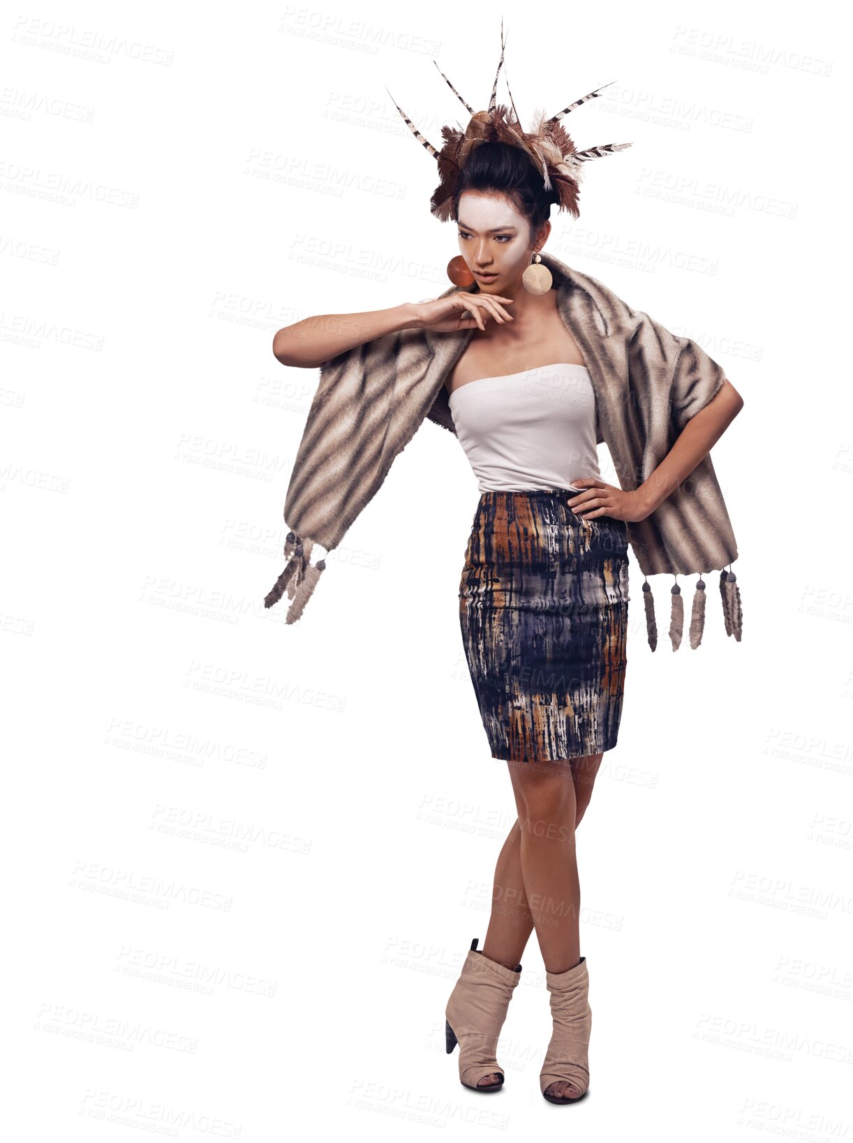 Buy stock photo Isolated woman, native American clothes and dance for culture by transparent png background. Girl, dancer or model for cosplay, traditional style and indigenous fashion for moving, steps and tribe