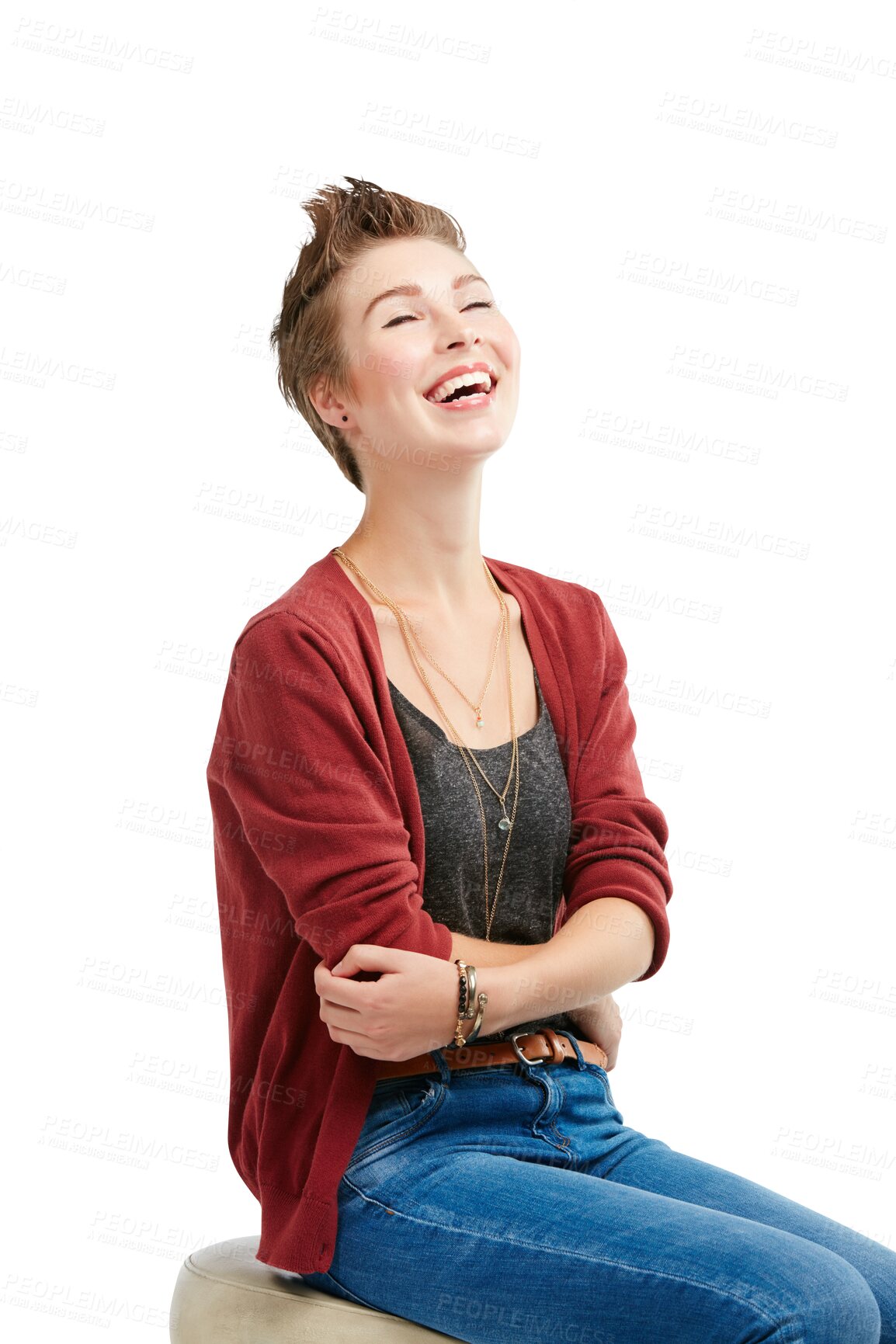 Buy stock photo Fashion, laughing and woman on chair with smile on isolated, png and transparent background. Happy, funny joke and person sitting with happiness, positive attitude and joy in trendy clothes or outfit