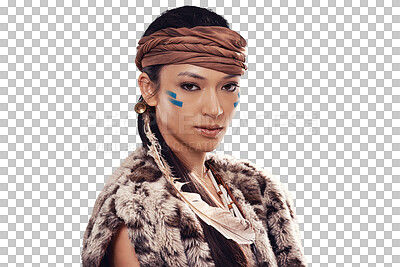 Buy stock photo Portrait on Native American model girl isolated on transparent png background with beauty, warrior makeup or fashion. Indigenous culture, face paint and woman in First Nations clothes, art or style.