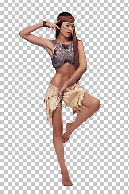 Buy stock photo Native American woman, dance and beauty makeup, art and fashion for culture isolated on transparent png background. Indian, indigenous and girl in traditional costume, aboriginal paint or performance