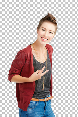 Buy stock photo Fashion, happy and portrait of woman with peace sign on isolated, png and transparent background. Emoji, hand gesture and person with confidence, positive attitude and freedom in trendy clothes