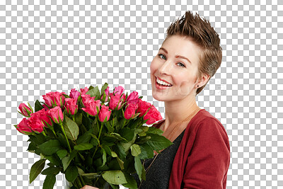 Buy stock photo Isolated woman, bouquet and roses in portrait, reward or happy for present by transparent png background. Girl, model and person with flowers, bush and plants with smile, valentines day and giveaway