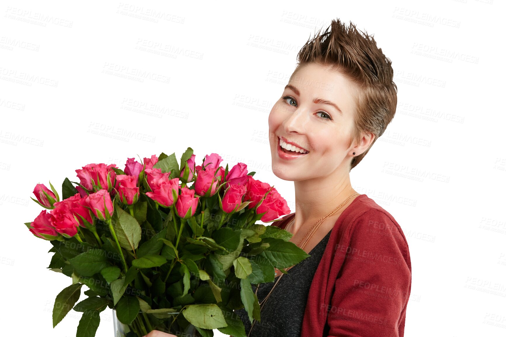 Buy stock photo Isolated woman, bouquet and roses in portrait, reward or happy for present by transparent png background. Girl, model and person with flowers, bush and plants with smile, valentines day and giveaway