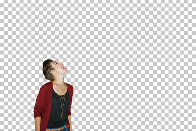 Buy stock photo Isolated woman, shouting and announcement with voice, news or information by transparent png background. Girl, model or person for noise, speech or call to action for sound, talk or scream for review