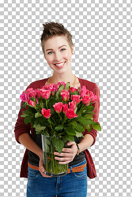 Buy stock photo Isolated woman, bouquet and rose in portrait with vase, happy and present by transparent png background. Girl, model and person with flowers, bush and plants with smile, valentines day and giveaway