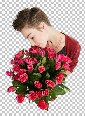 Buy stock photo Isolated woman, bouquet and roses for gift, above and hug with care, love and smell by transparent png background. Girl, model and person with flowers, bush and plants for valentines day present